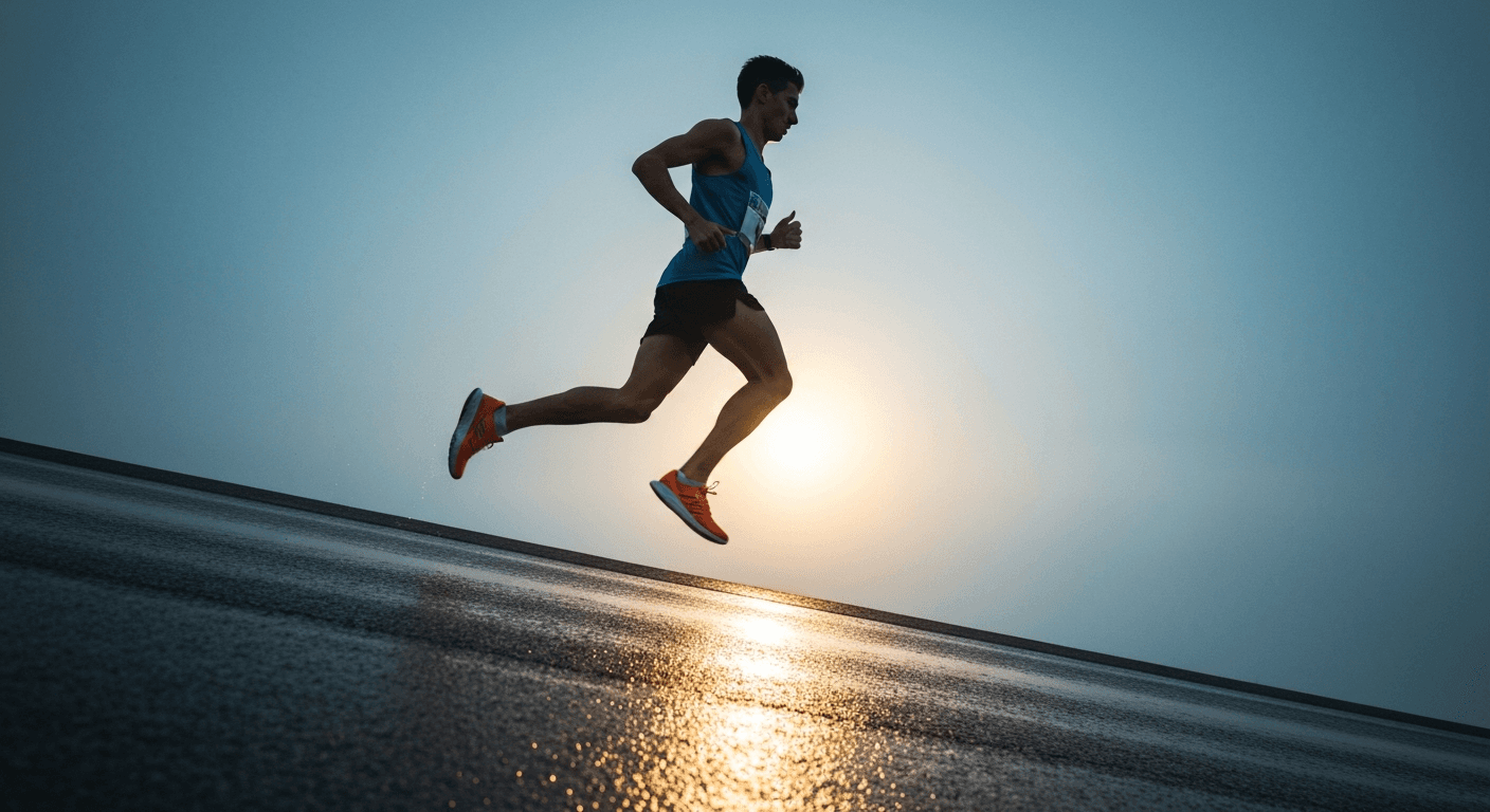 Coureur dans l'aurore sur asphalte mouillé