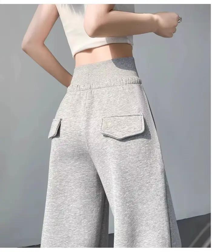 Pantalon de sport gris taille haute pour femmes, ample, amincissant, jambes droites, jambes larges, 