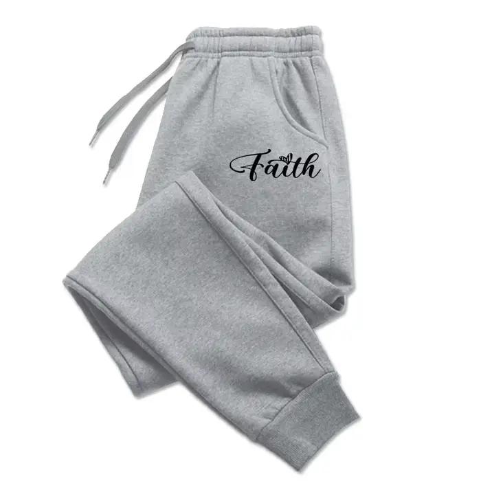 Pantalon de jogging long en molleton pour femme, imprimé lettres 'Faith', pour l'automne et l'hiver,