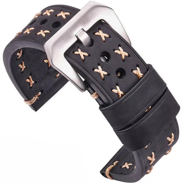 Bracelet de montre en cuir véritable épais, 22 24mm, robuste, avec coutures faites à la main, Compat