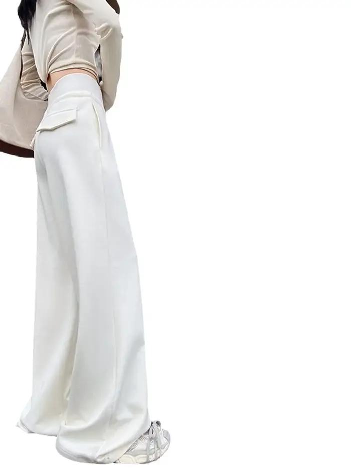 Pantalon de sport gris taille haute pour femmes, ample, amincissant, jambes droites, jambes larges, 