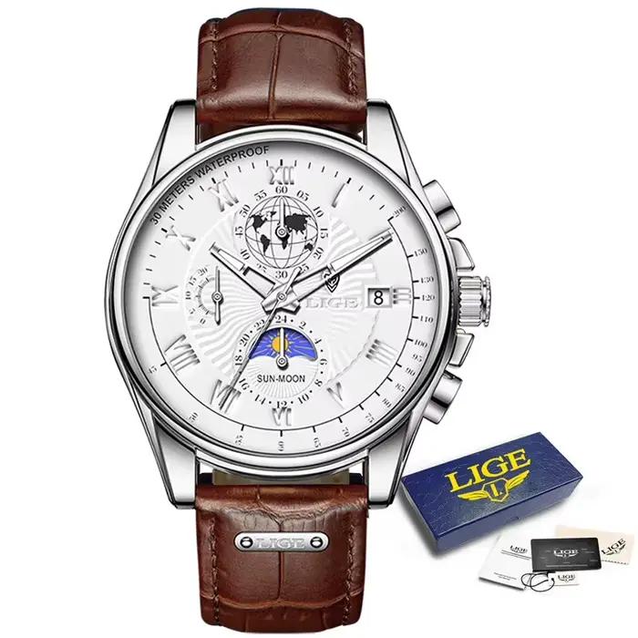 LIGE – montre en cuir originale pour hommes, marque de luxe, mode militaire, étanche, Phase de lune 