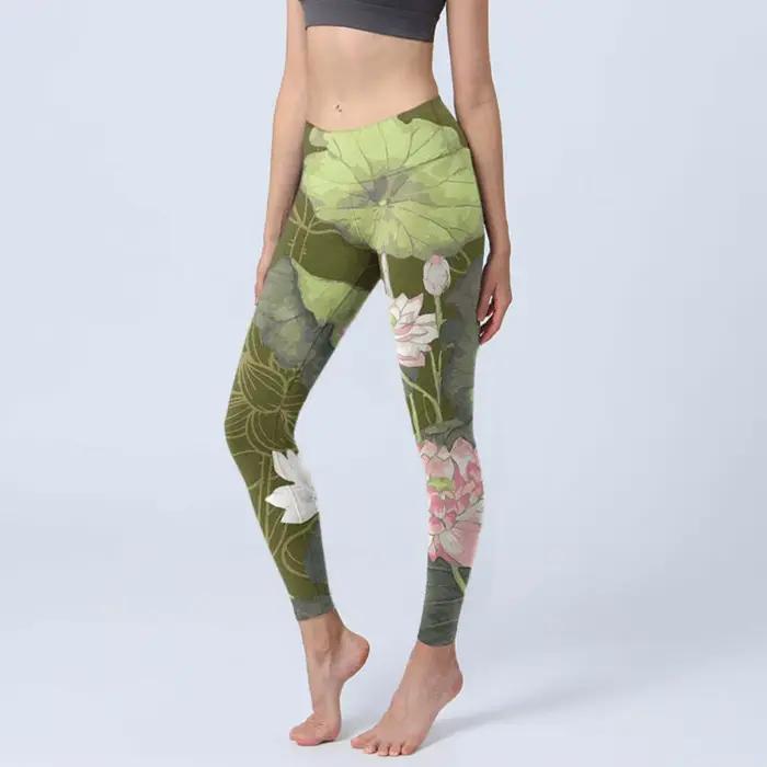 Leggings de yoga taille haute pour femme, effet ventre plat, imprimé floral, papillon et paysage, po