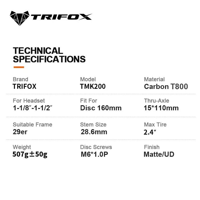 TRIFOX-Fourche VTT en fibre de carbone TMK200 29er, axe traversant 15x110mm, 1-1/8 "-1-1/2", accesso