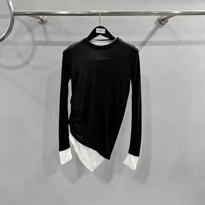 TIFICEY-T-shirt à manches longues pour femme, nouveau design minimaliste, faux 2 pièces, noir et bla