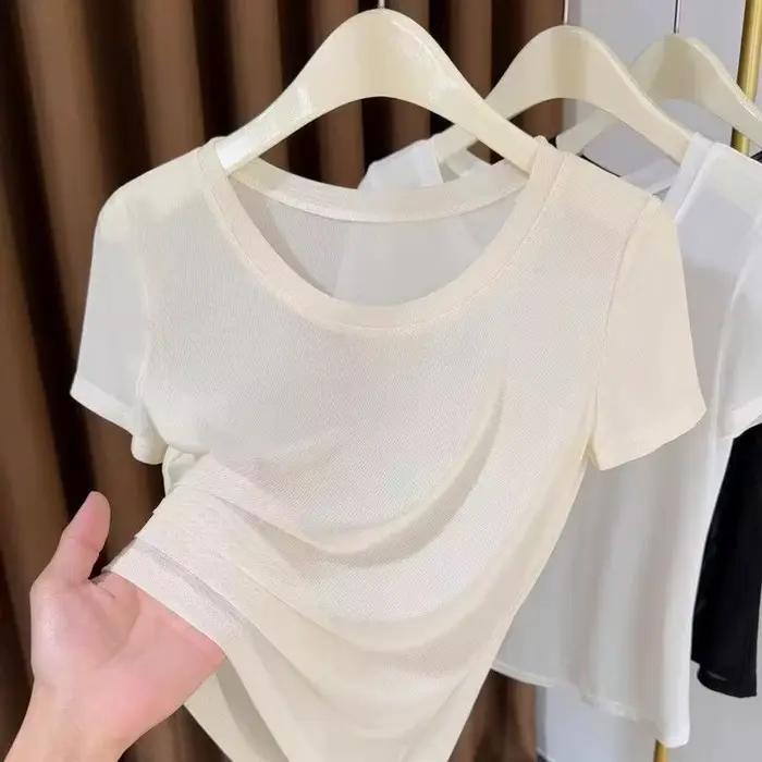 T-shirt en maille transparente pour femmes, col rond, manches courtes, Slim, haut extensible, noir, 