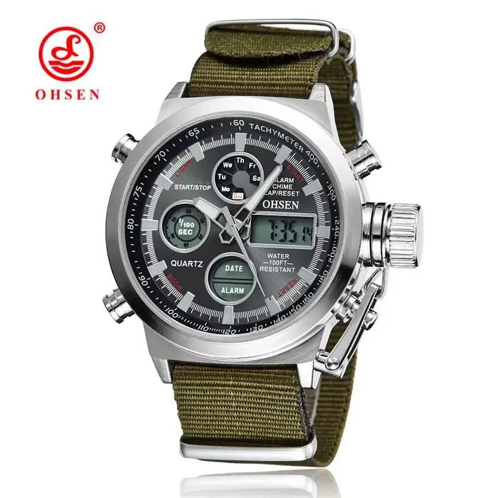 Montre de sport à quartz pour hommes, double fuseau horaire, étanche, militaire, verte, tactique, nu