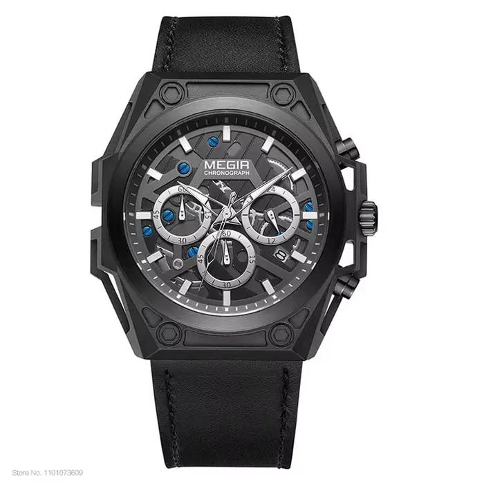 MEGIR – montre-bracelet en acier inoxydable pour hommes, bleu, étanche, chronographe, Quartz