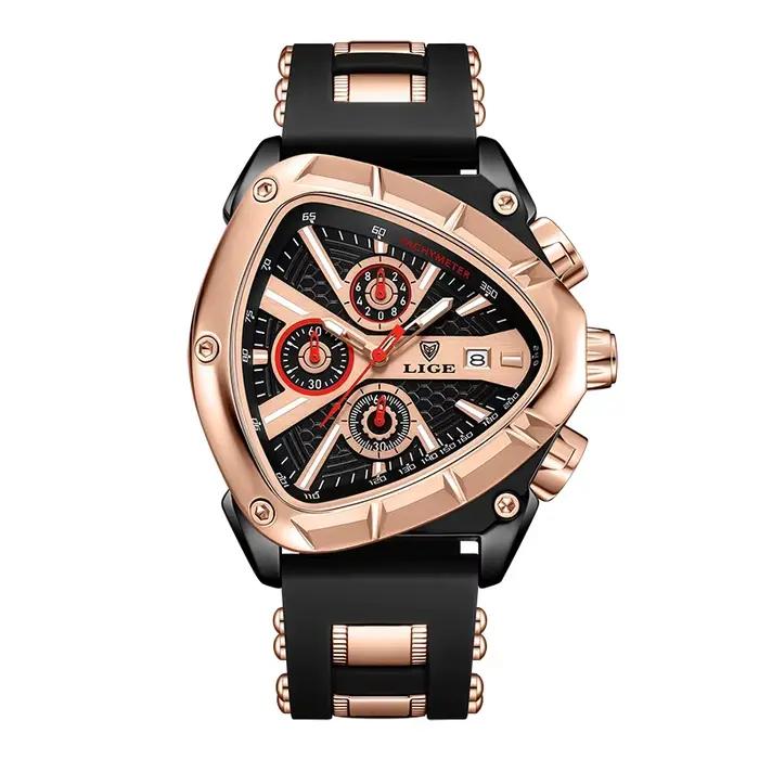 Montre-bracelet pour homme LIGE Sports Triangle, aiguilles lumineuses, bracelet en caoutchouc tendan