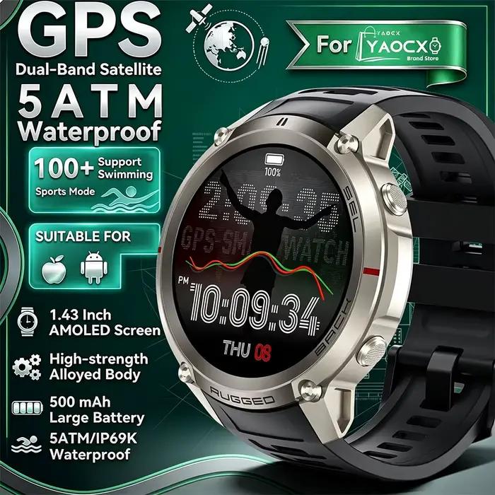 Montre connectée GPS robuste de style militaire, 500 Mah, appel BT, moniteur d'activité physique, ét
