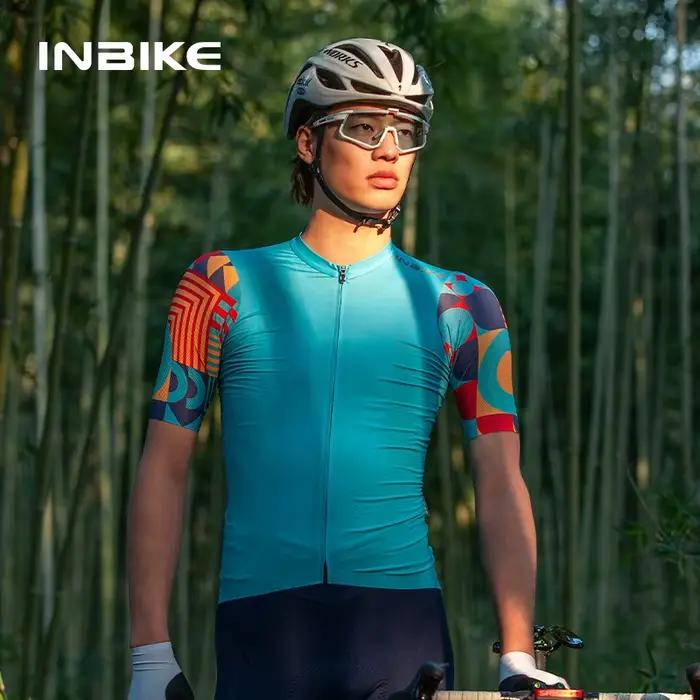 INBIKE-Maillot de cyclisme à manches courtes pour homme, fermeture éclair complète avec 3 poches arr