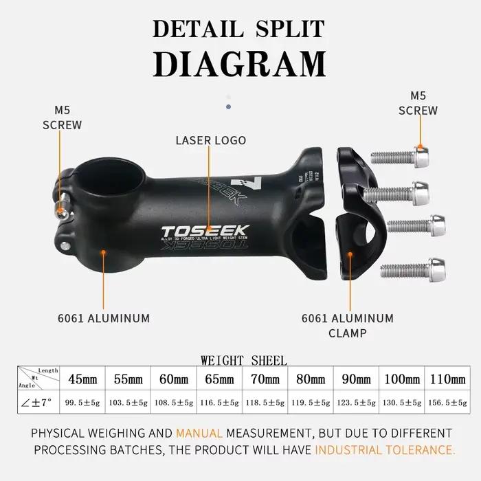 TOSEEK tige de vélo en aluminium ultralégère 7 degrés tige de VTT vtt 31.8x45/55/60/65/70/80/90/100/
