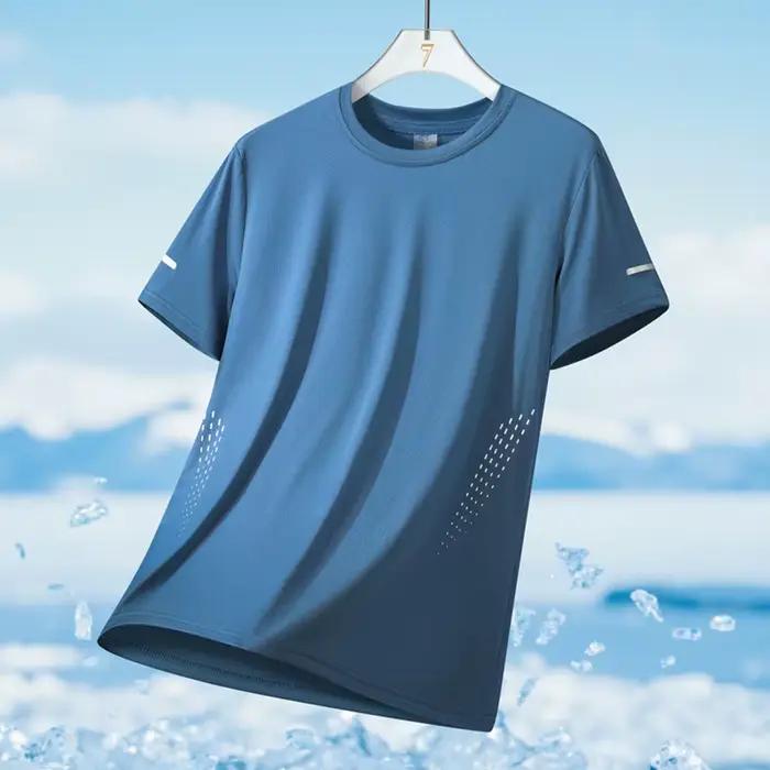 T-shirt de course à manches courtes pour hommes, haut fin en soie glacée, impression réfléchissante,