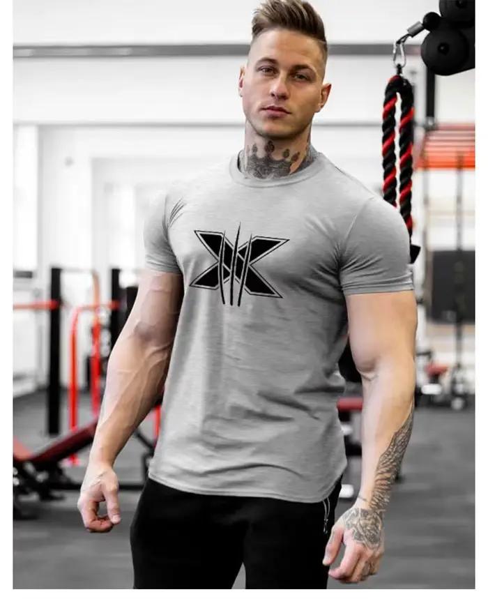 Vêtements de sport pour hommes, T-shirt à manches courtes en coton, Slim, imprimé, pour course à pie
