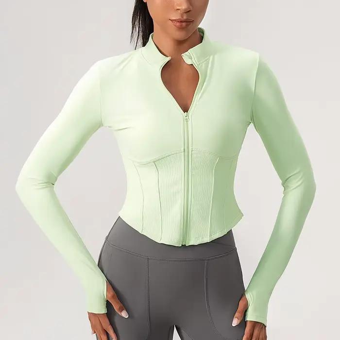 Veste de course en plein air pour femmes, couleur unie, Slim Fit, haut de Yoga, respirant, manches l