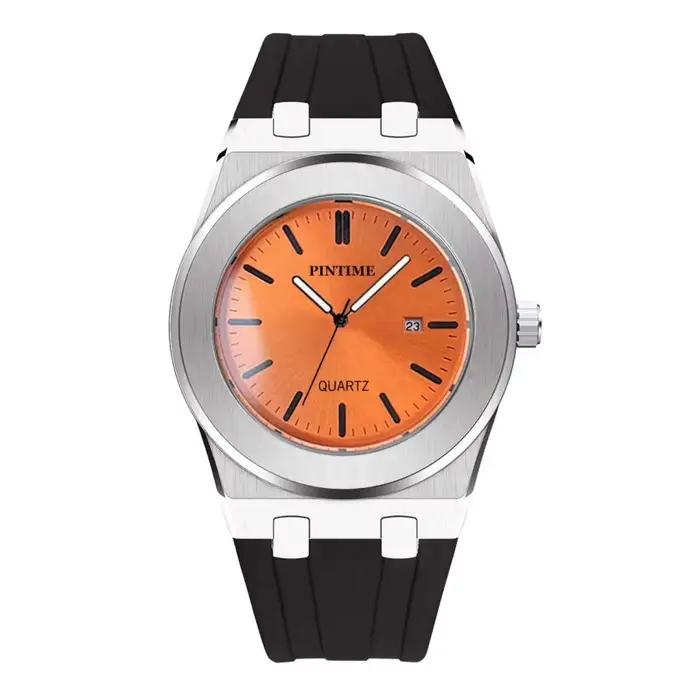 Montre chronographe sport pour homme, quartz, bracelet en silicone orange, multifonction, étanche, c