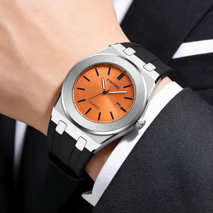 Montre chronographe sport pour homme, quartz, bracelet en silicone orange, multifonction, étanche, cadran noir, montre-bracelet de luxe, mode, affaires