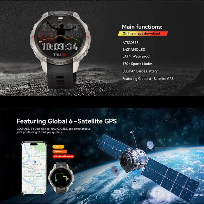 Nouvelle Montre Connectée GPS 2026 avec Cartes Hors Ligne, Étanche 5ATM, Plus de 170 Modes Sportifs, Suivi de Santé, Appel Bluetooth, Batterie 500mAh, pour Hommes Militaires