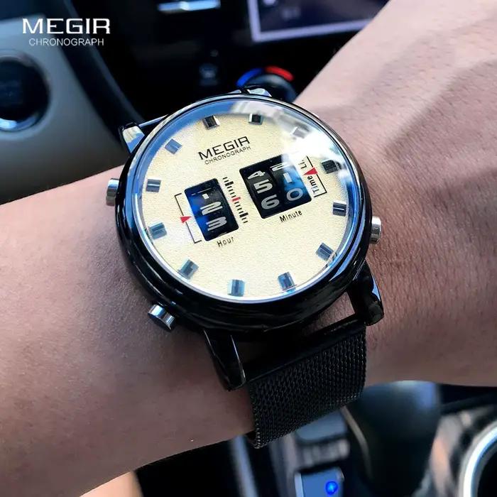 MEGIR 2137 Relojes Para Hombres montres hommes Sport militaire en cuir marron Quartz montre-bracelet de luxe tambour rouleau Relogio Masculino