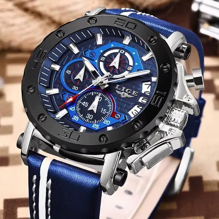Nouvelle Montre LIGE Luxe Pour Hommes Montres Militaires En Acier Inoxydable Bracelet En Cuir Résistante À L'Eau Chronographe Montres De Mode Pour Hommes Occasions Spéciales