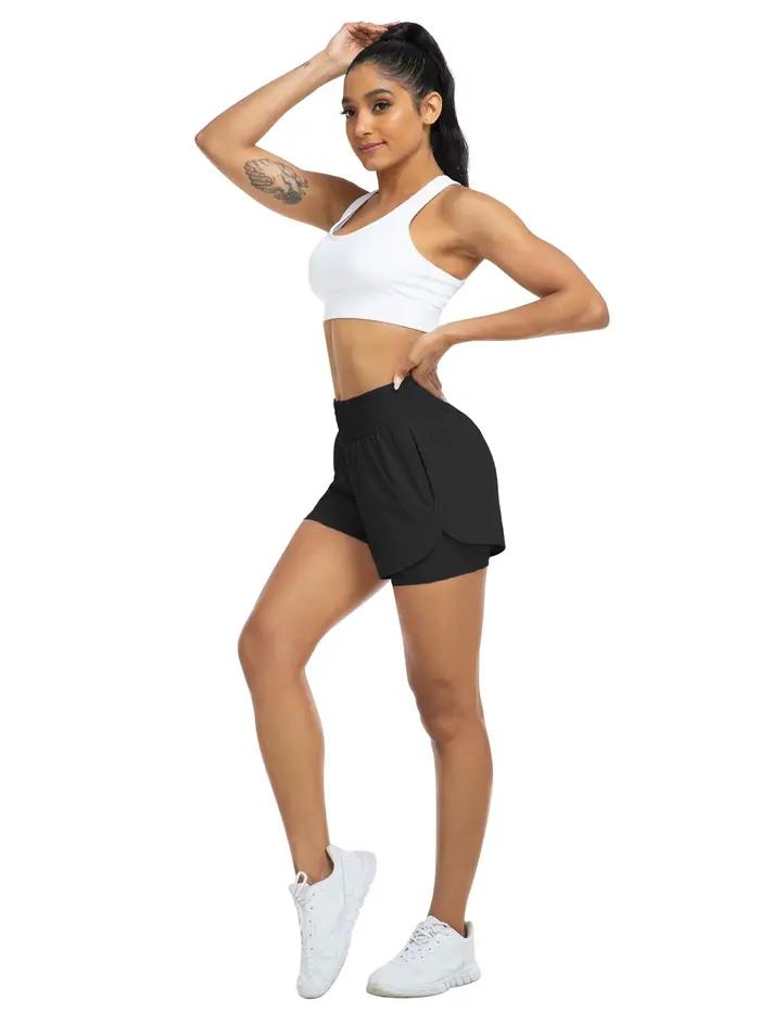 Short de sport taille haute pour femme anti-exposition polyestère et élasthanne pour course à pied yoga fitness et entraînement avec poches