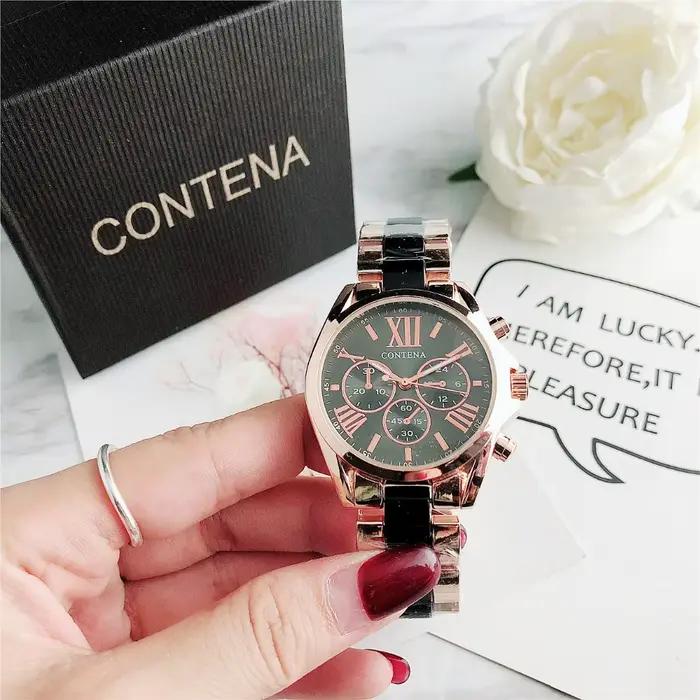 Top marque de luxe or Rose Quartz montre pour femme dames