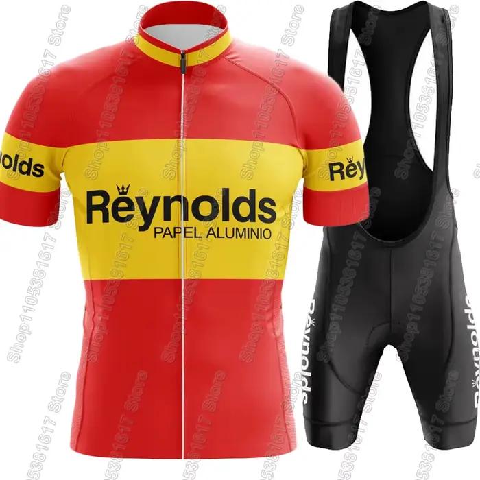 Ensemble de cyclisme rétro Reynolds maillot et cuissard de vélo de route et VTT pour hommes été polyester et Lycra styles vintage multicolores