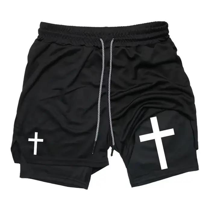 Short de course d'entraînement homme 2 en 1 polyester graphique croisé poche téléphone et boucle serviette pour course à pied et gymnastique