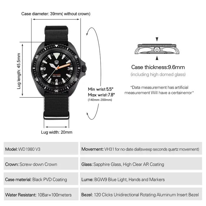 Watchdives WD1980 V3 montre de luxe VH31 balayage secondes mouvement à Quartz AR revêtement verre saphir 10Bar étanche montres pour hommes