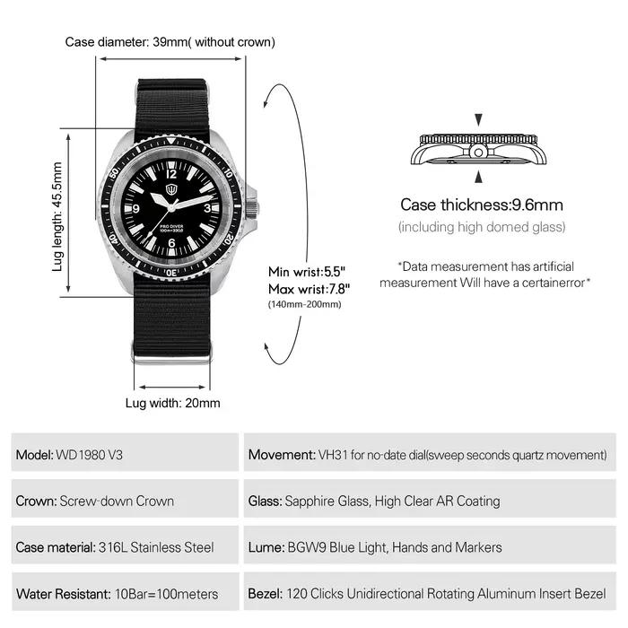 Watchdives WD1980 V3 montre de luxe VH31 balayage secondes mouvement à Quartz AR revêtement verre saphir 10Bar étanche montres pour hommes