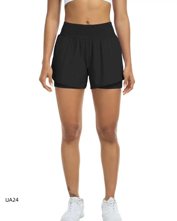 Shorts de course 2-en-1 pour femmes shorts de sport taille haute pour la gym yoga shorts d'entraînement double couche avec poches latérales acrylique ajustement flexible pour une variété d'activités physiques