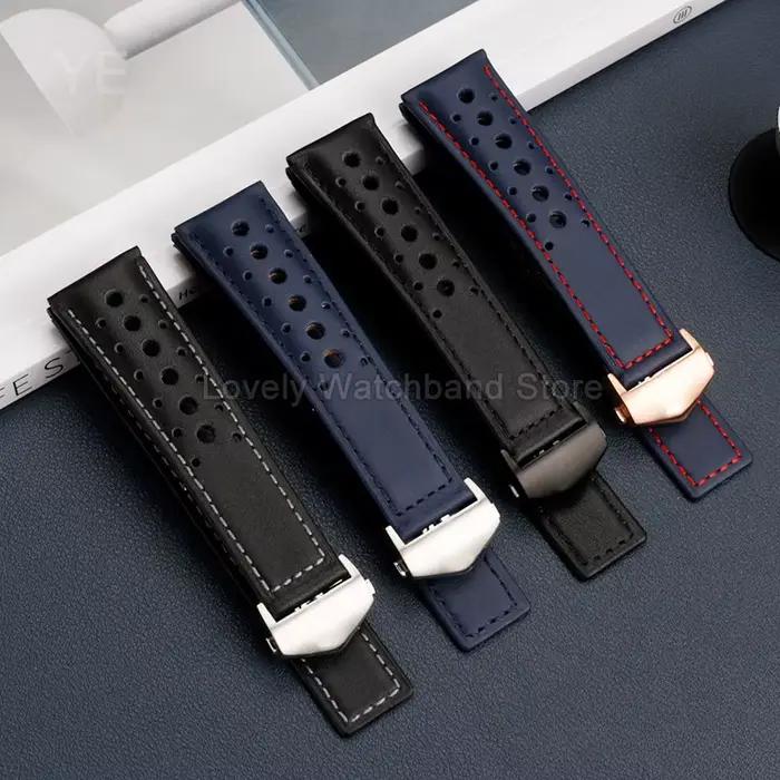 Bracelet de montre en cuir de vachette respirant à grands trous de 22 mm pour Tag Heuer Carrera Heritage Monaco Series