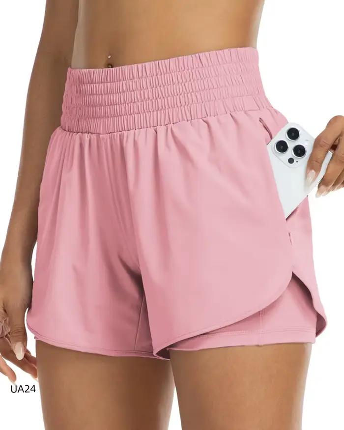 Shorts de course 2-en-1 pour femmes shorts de sport taille haute pour la gym yoga shorts d'entraînement double couche avec poches latérales acrylique ajustement flexible pour une variété d'activités physiques