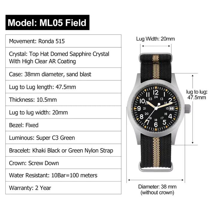 Militado ML05 38mm montre de terrain militaire Ronda 515 mouvement à Quartz dôme saphir cristal étanche 100M montres Super lumineuses