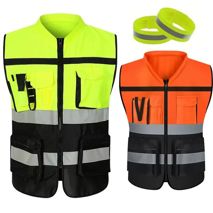 Gilet unisexe à bande haute luminosité, vêtements de travail respirants, vêtements de protection multi-poches, sécurité pour la course de nuit, usine de vélos
