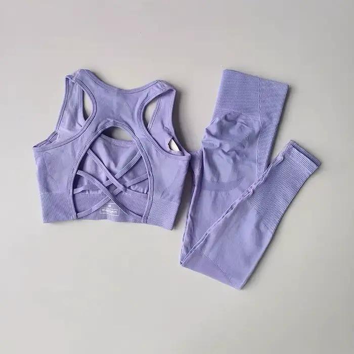 Ensemble 2 pièces de vêtements de sport pour femme : Soutien-gorge de fitness professionnel antichoc à dos élégant et Leggings de course et de yoga