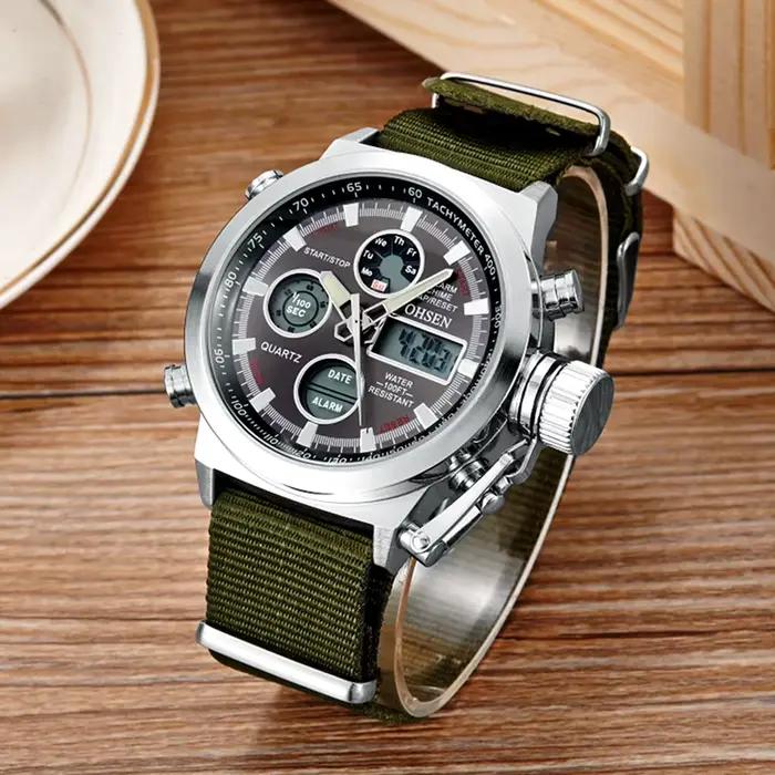 Montre de sport à quartz pour hommes, double fuseau horaire, étanche, militaire, verte, tactique, numérique, avec alarme, Reloj Hombre