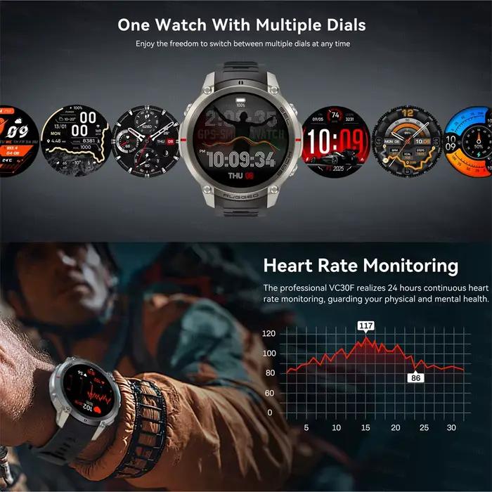 Montre GPS professionnelle MAVHX avec suivi de la fréquence cardiaque et de l'oxygène sanguin, tracker de sommeil, résistance à l'eau jusqu'à 100m, compatible avec 27 langues, pour activités de plein air et remise en forme à domicile