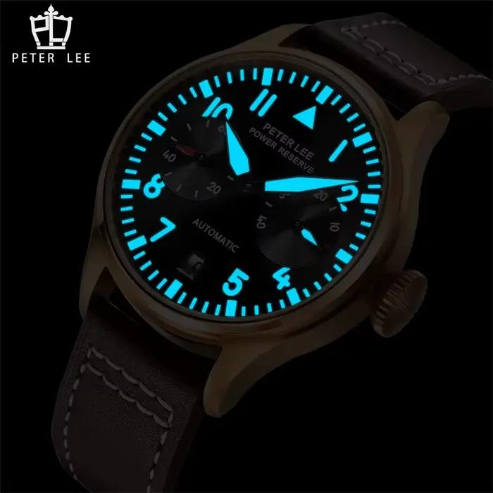 Marque de luxe PETER LEE mouvement automatique mécanique pilote montres pour homme élégant lumineux aviateur cuir mâle cadeaux montre