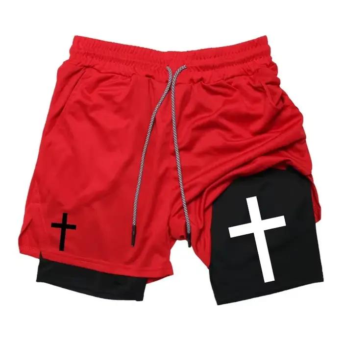 Short de course d'entraînement homme 2 en 1 polyester graphique croisé poche téléphone et boucle serviette pour course à pied et gymnastique