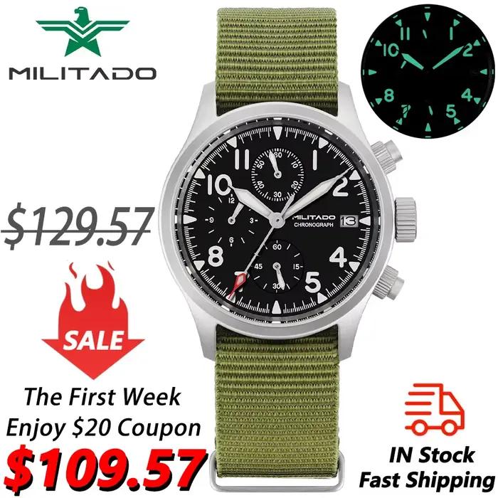 Militado ML1868KF montre à Quartz à 3 cadrans VK67 chronographe mouvement verre saphir lumineux 100m étanche 39mm montres militaires