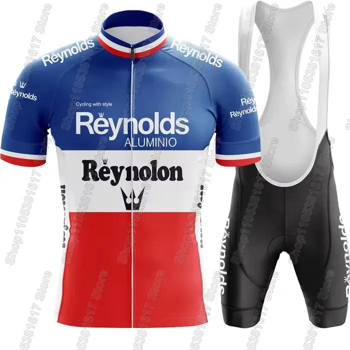 Ensemble de cyclisme rétro Reynolds maillot et cuissard de vélo de route et VTT pour hommes été polyester et Lycra styles vintage multicolores