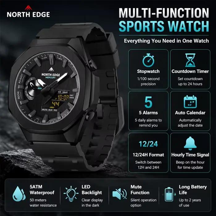 Montres-bracelets à quartz NORTH EDGE MERCURY, tendance sportive, double affichage, chronographe lumineux, calendrier, étanches pour la natation, pour homme