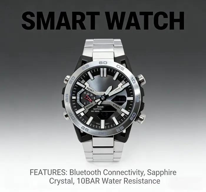 Montre de course multifonction à double affichage avec grand cadran et bracelet en acier