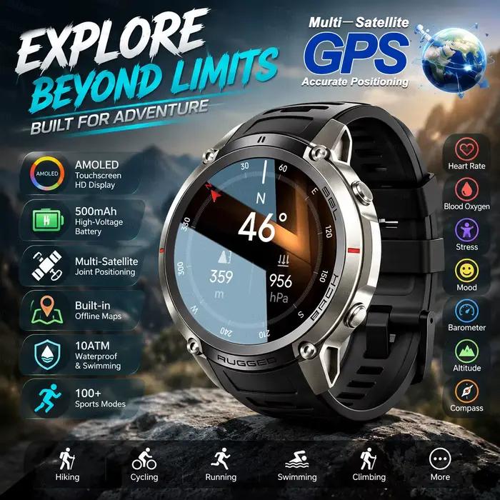 Montre GPS professionnelle MAVHX avec suivi de la fréquence cardiaque et de l'oxygène sanguin, tracker de sommeil, résistance à l'eau jusqu'à 100m, compatible avec 27 langues, pour activités de plein air et remise en forme à domicile