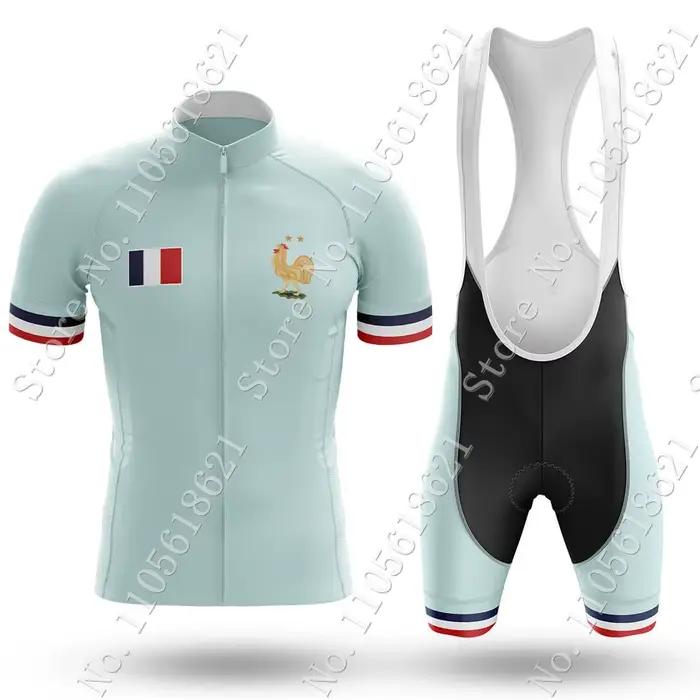 Ensemble Maillot et Cuissard Cyclisme Homme Équipe Nationale de France 2026 Manches Courtes Vêtements Français Vélo de Route VTT