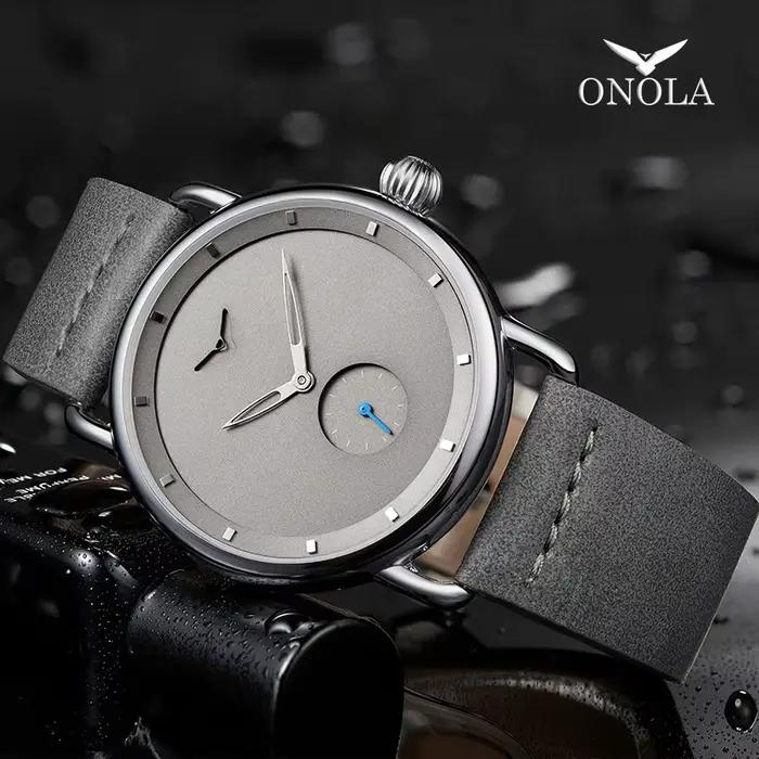 Montre décontractée hommes marque ONOLA montre-bracelet à quartz simple étanche en cuir homme