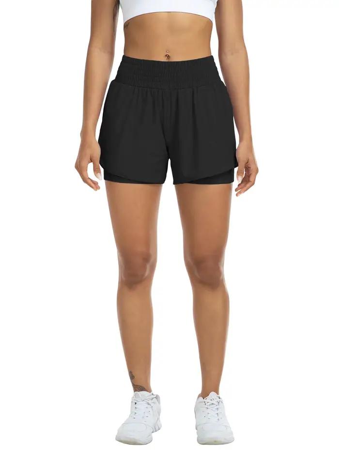 Short de sport taille haute pour femme anti-exposition polyestère et élasthanne pour course à pied yoga fitness et entraînement avec poches