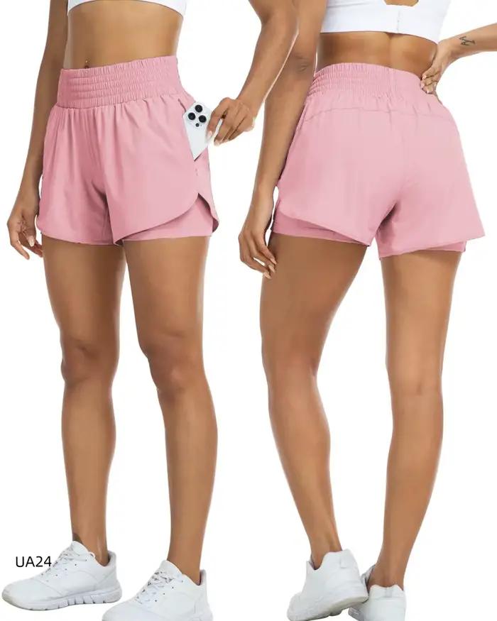 Shorts de course 2-en-1 pour femmes shorts de sport taille haute pour la gym yoga shorts d'entraînement double couche avec poches latérales acrylique ajustement flexible pour une variété d'activités physiques