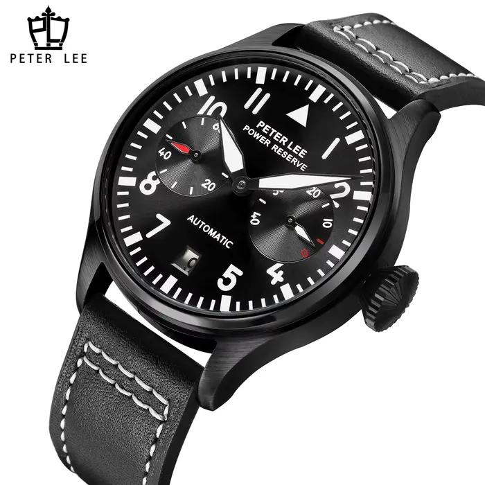 Marque de luxe PETER LEE mouvement automatique mécanique pilote montres pour homme élégant lumineux aviateur cuir mâle cadeaux montre